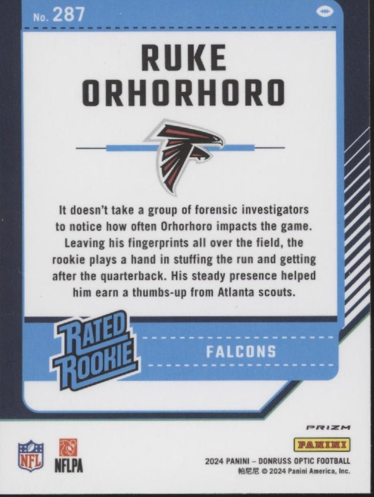 Ruke Orhorhoro 2024 Panini Donruss Optic Rated Rookie Green Lazer Prizm RC #287 - Collector Store LLC