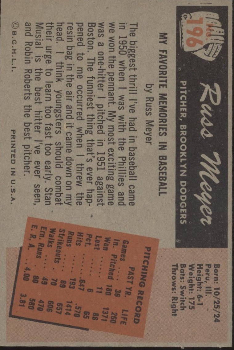 Russ Meyer 1955 Bowman #196 Brooklyn Dodgers EX #2 - Collector Store LLC