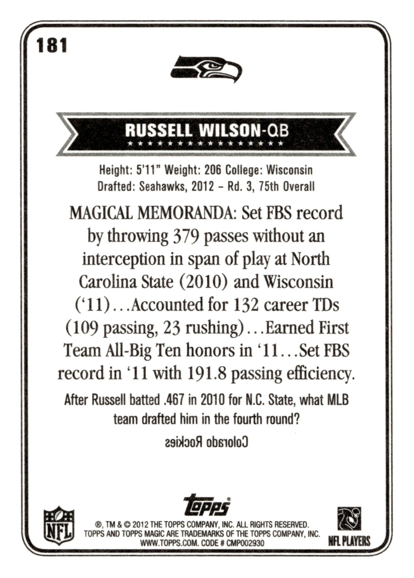Russell Wilson 2012 Topps Magic RC #181 - Collector Store LLC