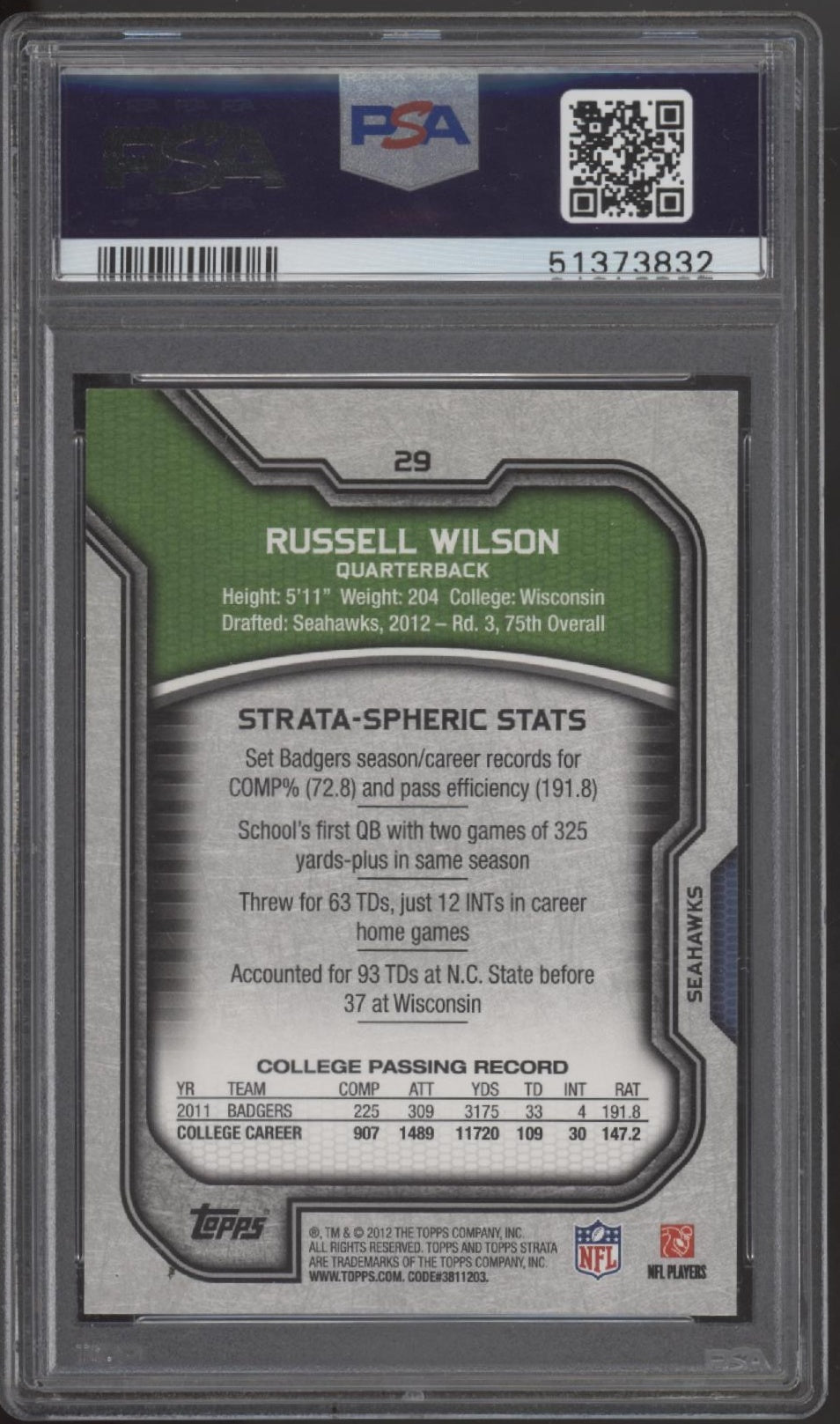 Russell Wilson 2012 Topps Strata Hold Ball with Two Hands RC #29 PSA 9 - Collector Store LLC