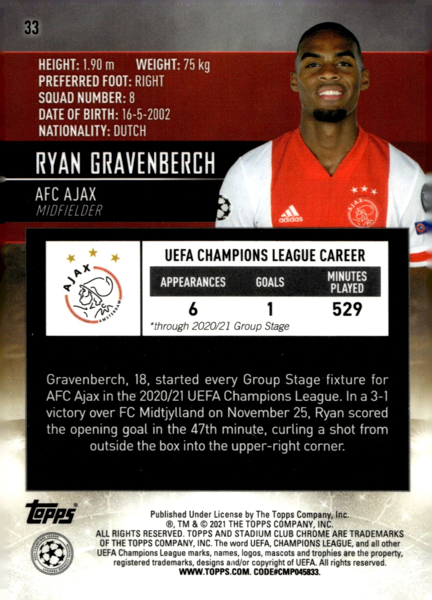 Ryan Gravenberch 2020 - 21 Topps Chrome UEFA Champions League RC #33 - Collector Store LLC