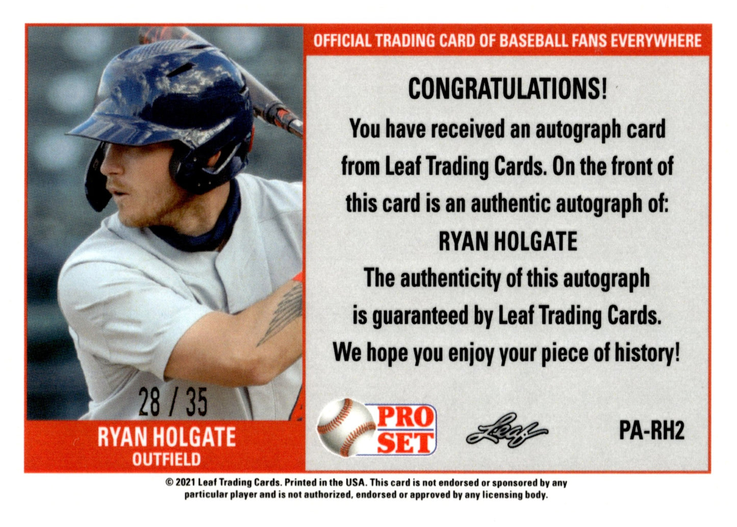 Ryan Holgate 2021 Leaf Pro Set Blue Refractor RC Auto 28/35 #PA - RH2 - Collector Store LLC