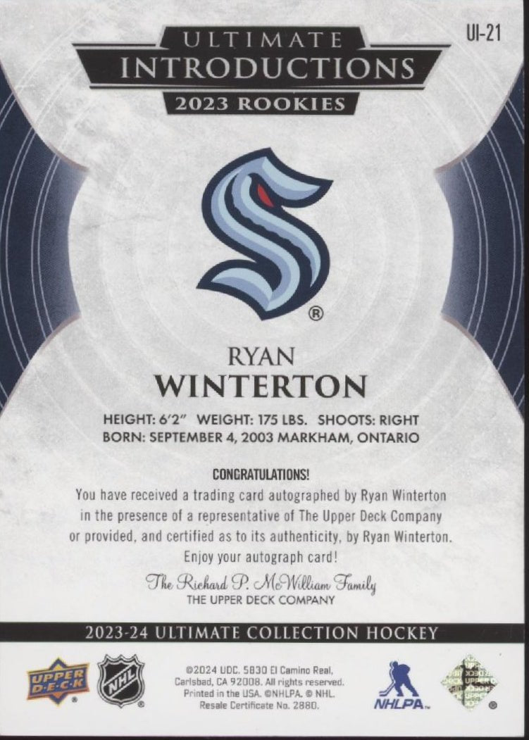 Ryan Winterton 2023 - 24 Upper Deck Ultimate Collection Introductions RC Auto - Collector Store LLC