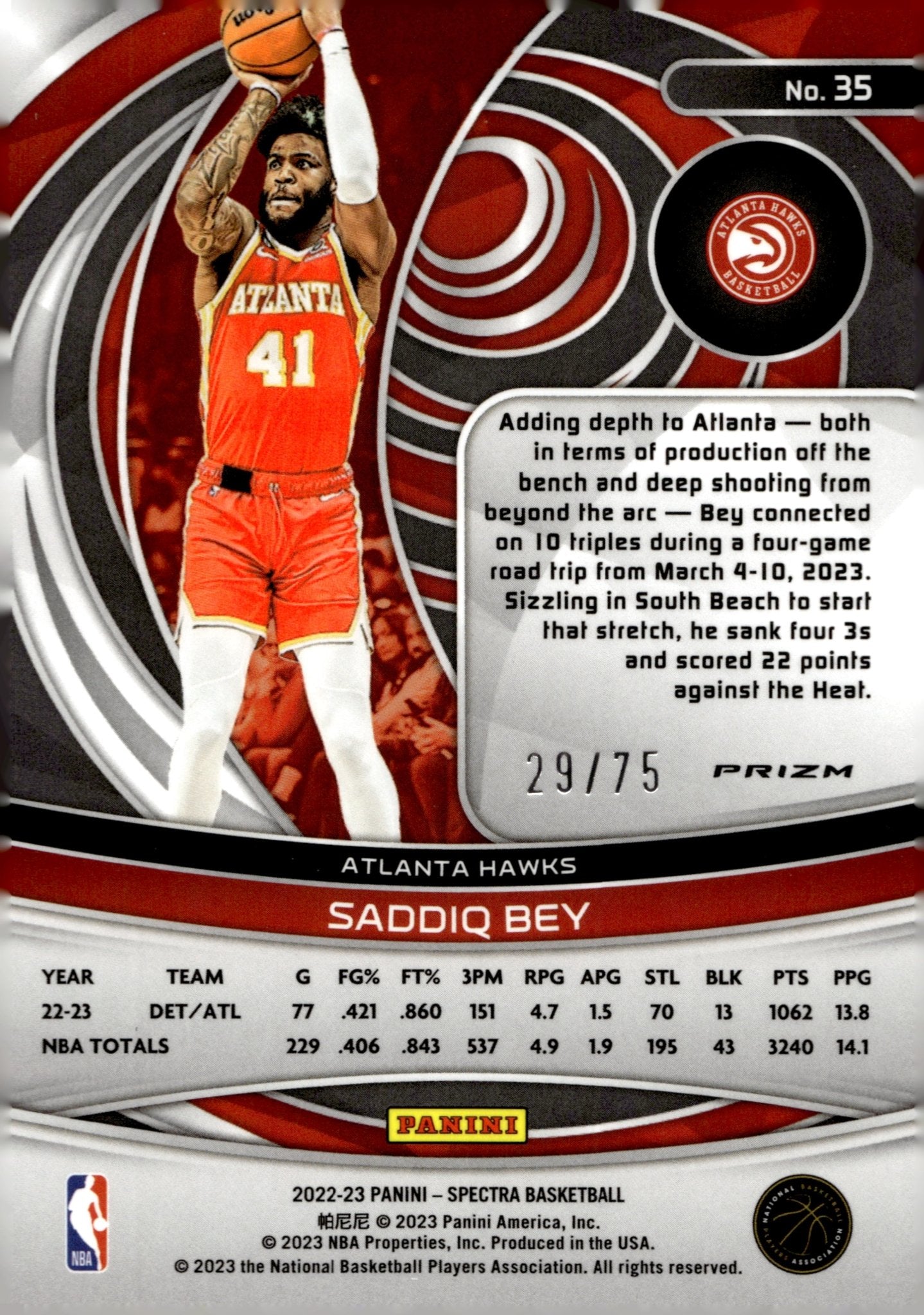 Saddiq Bey 2022 - 23 Panini Spectra Supernova Prizm 29/75 #35 - Collector Store LLC