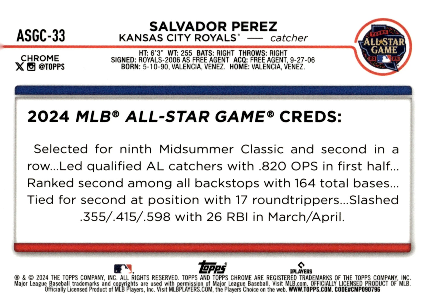 Salvador Perez 2024 Topps Chrome All Star Game Refractor #ASGC - 33 - Collector Store LLC