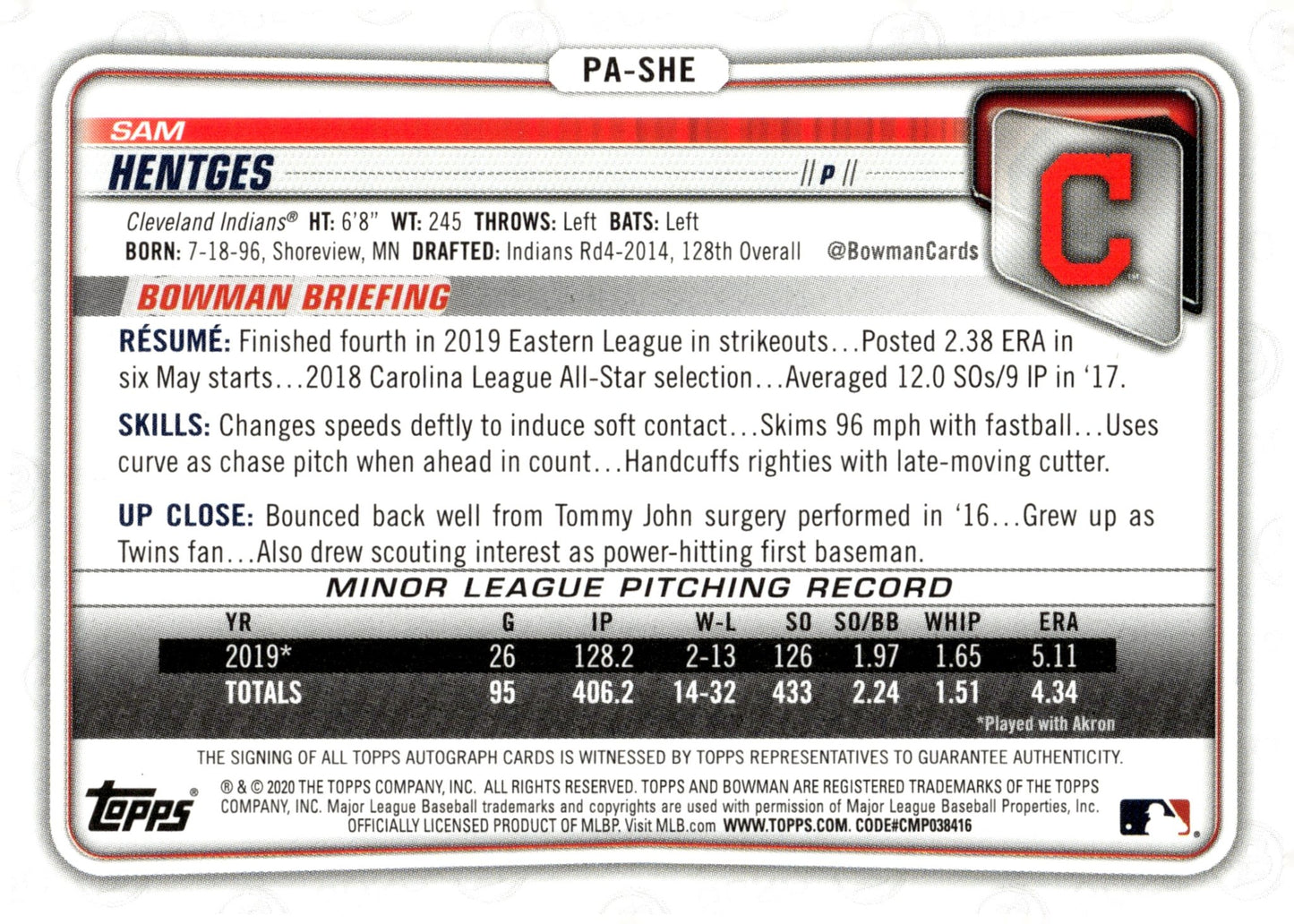 Sam Hentges 2020 Bowman Purple Auto 123/250 #PA - SHE - Collector Store LLC