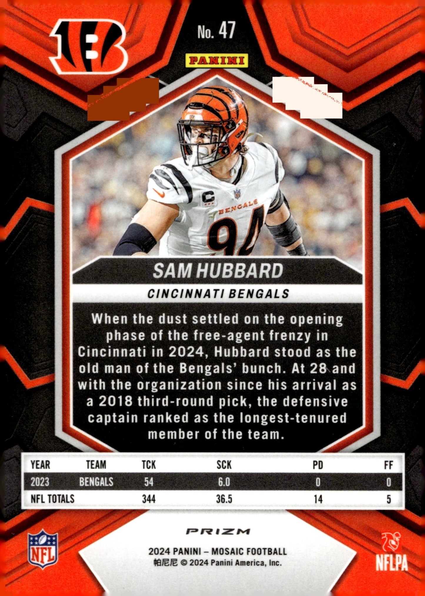 Sam Hubbard 2024 Panini Mosaic Prizm #47 - Collector Store LLC