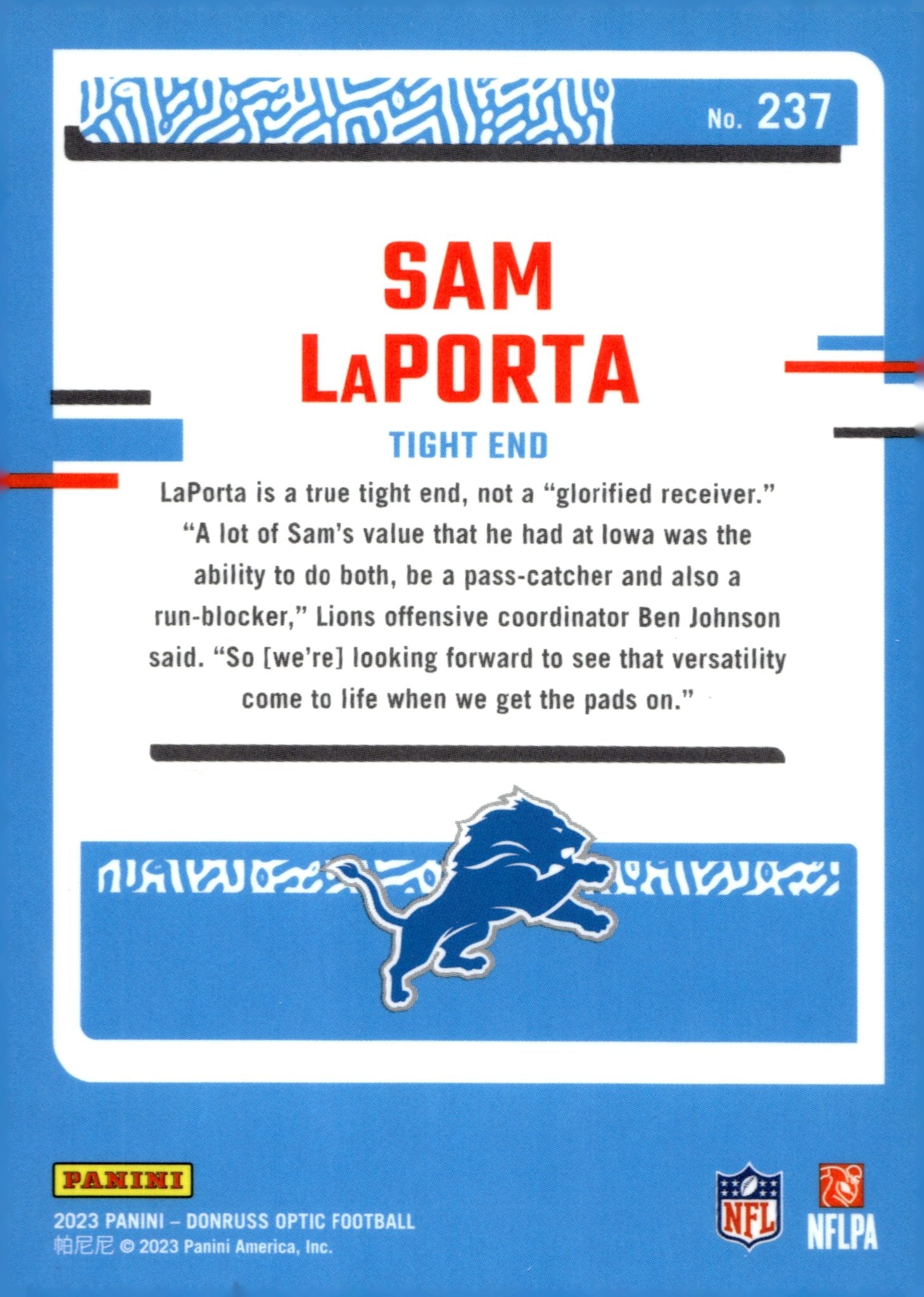 Sam LaPorta 2023 Panini Donruss Optic Rated Rookie RC #237 #1 - Collector Store LLC