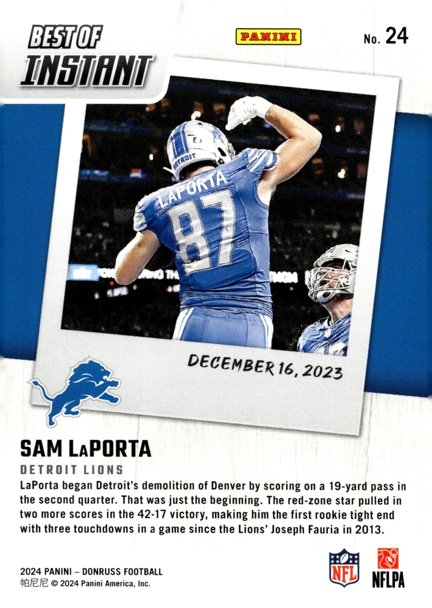 Sam LaPorta 2024 Panini Donruss Best of Instant #24 - Collector Store LLC