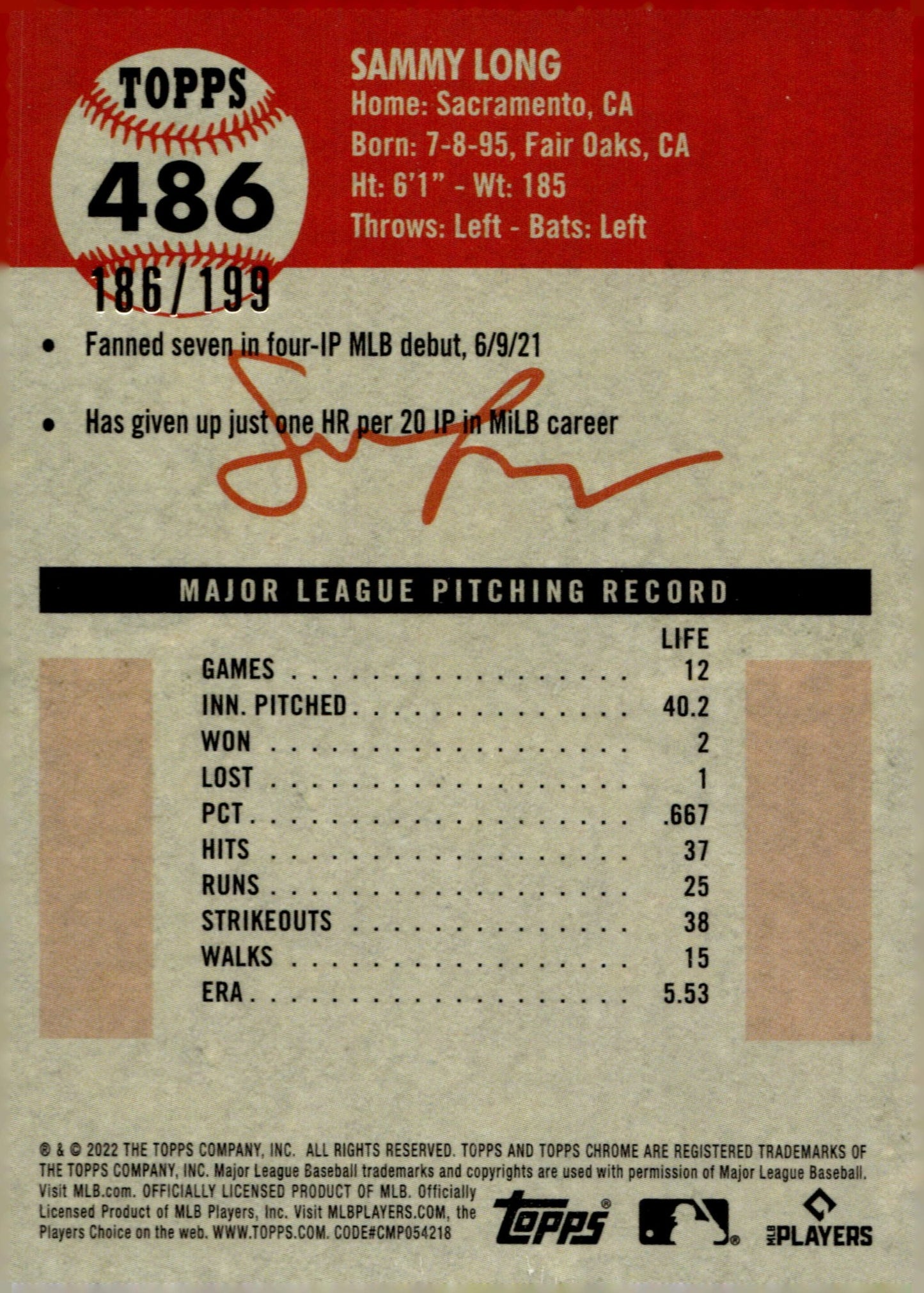 Sammy Long 2022 Topps Chrome Platinum Blue & White Refractor RC 186/199 #486 - Collector Store LLC