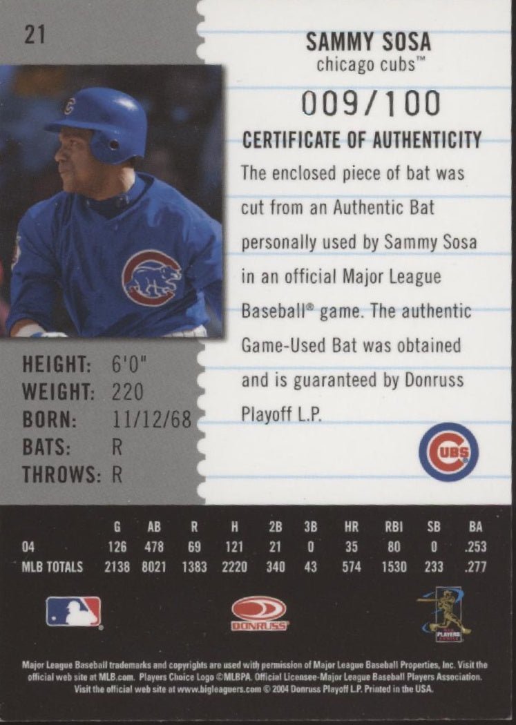 Sammy Sosa 2004 Leaf Century Collection Bat Relic 009/100 #21 - Collector Store LLC