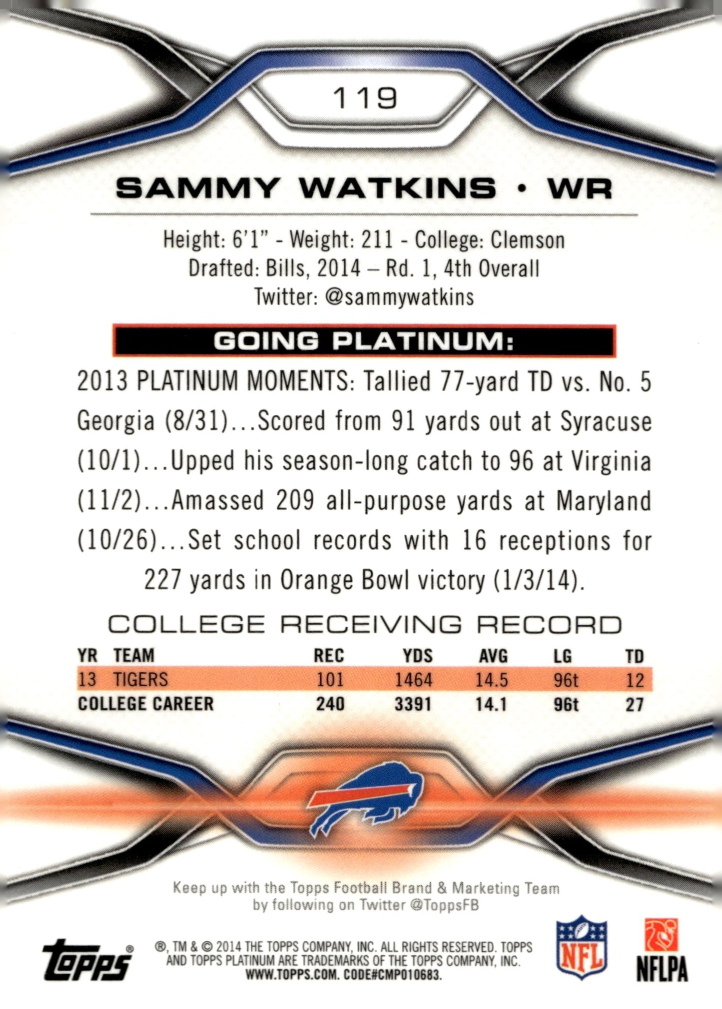 Sammy Watkins 2014 Topps Platinum Refractor RC #119 - Collector Store LLC