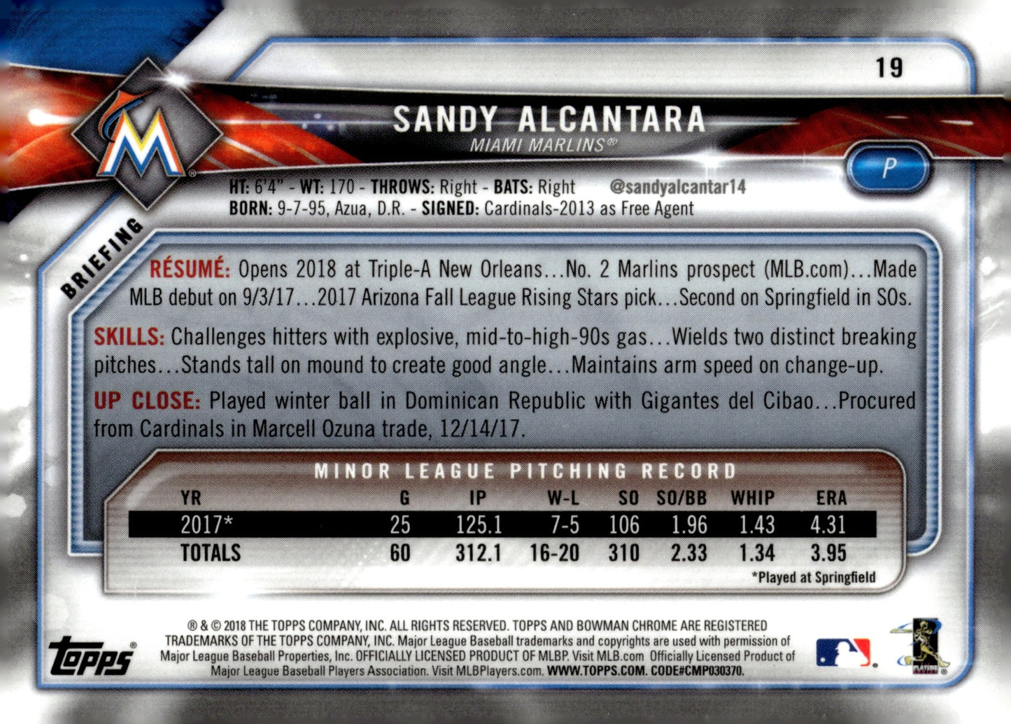 Sandy Alcantara 2018 Bowman Chrome RC #19 - Collector Store LLC
