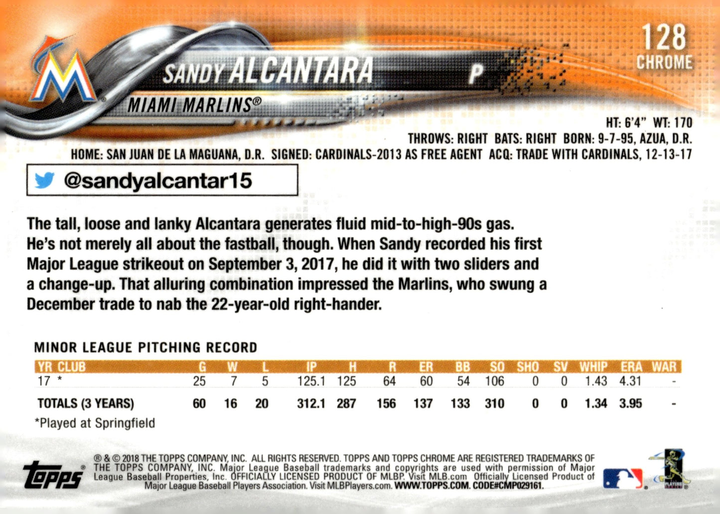 Sandy Alcantara 2018 Topps Chrome RC #128 - Collector Store LLC