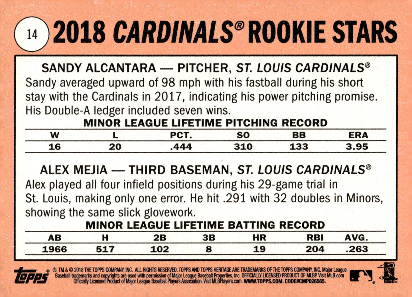 Sandy Alcantara / Alex Mejia 2018 Topps Heritage Rookie Stars RC #14 - Collector Store LLC