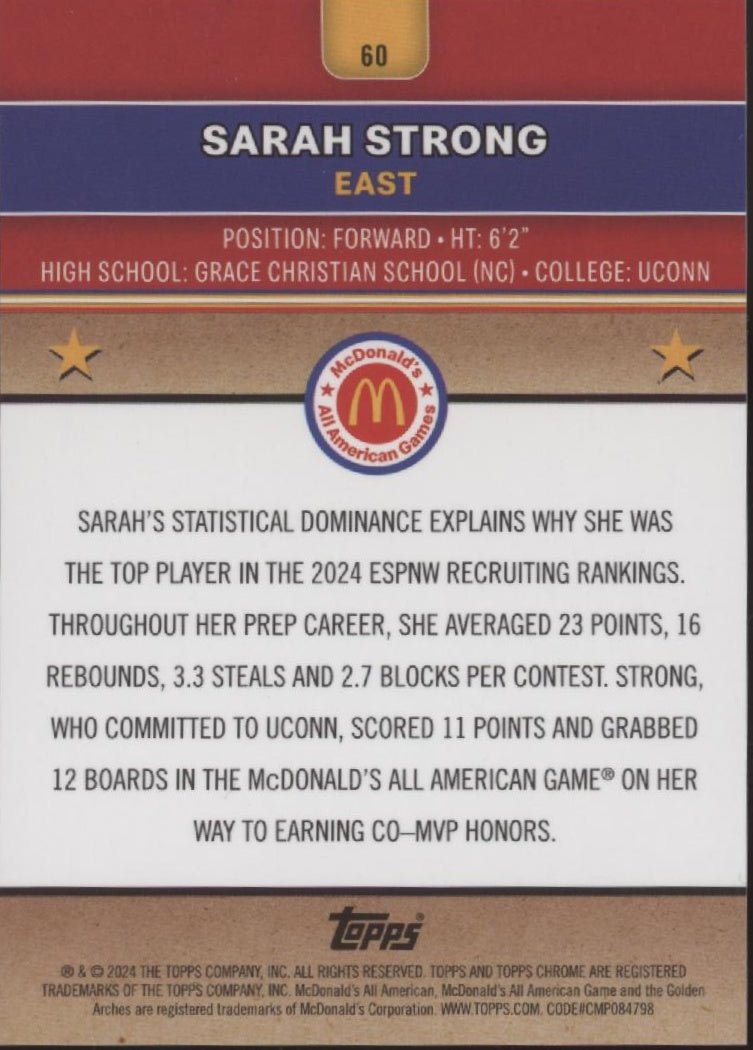 Sarah Strong 2024 Chrome McDonald's All American Gold Ray Wave Refractor 13/50 - Collector Store LLC