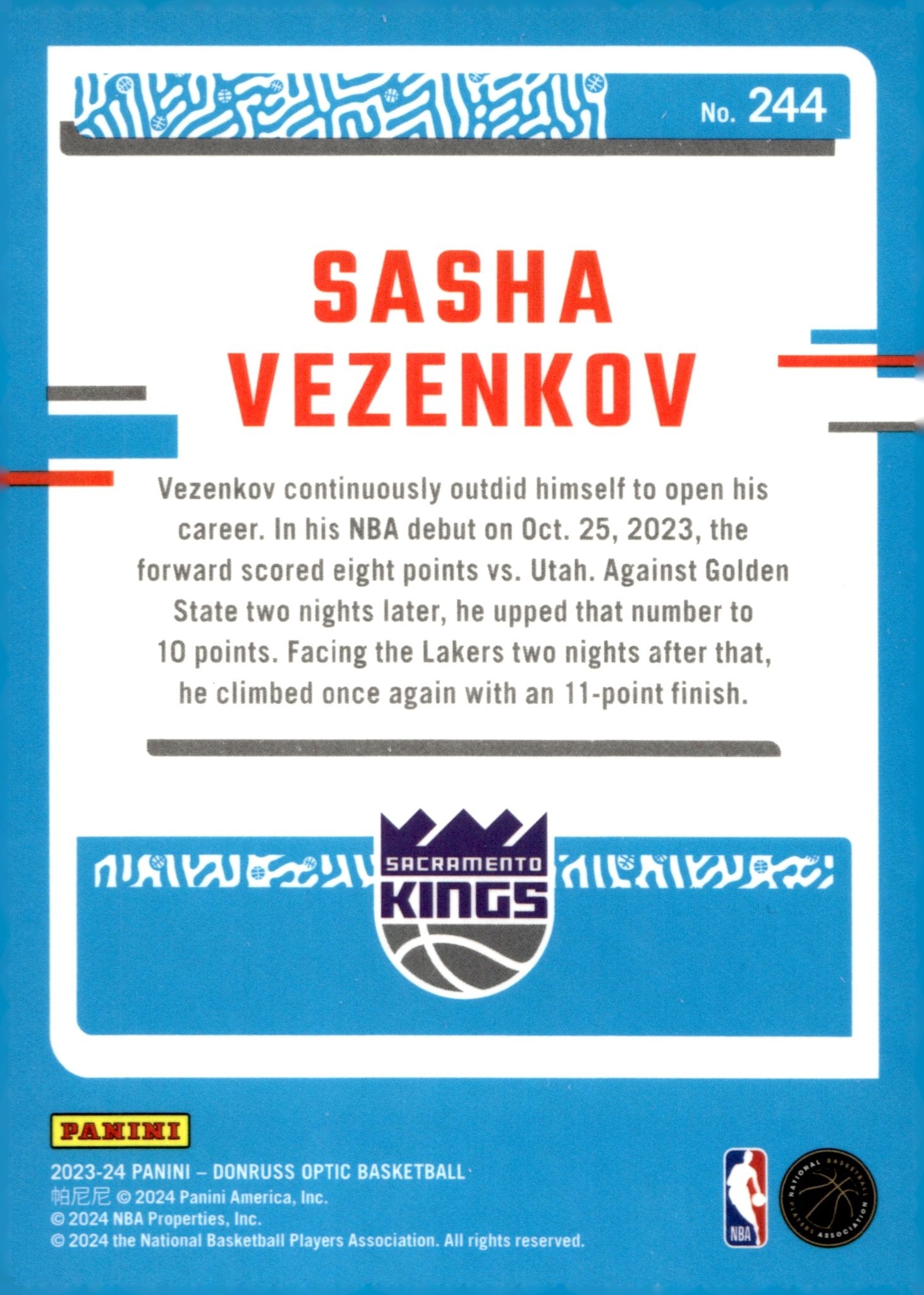 Sasha Vezenkov 2023 - 24 Panini Donruss Optic Rated Rookie RC #244 - Collector Store LLC