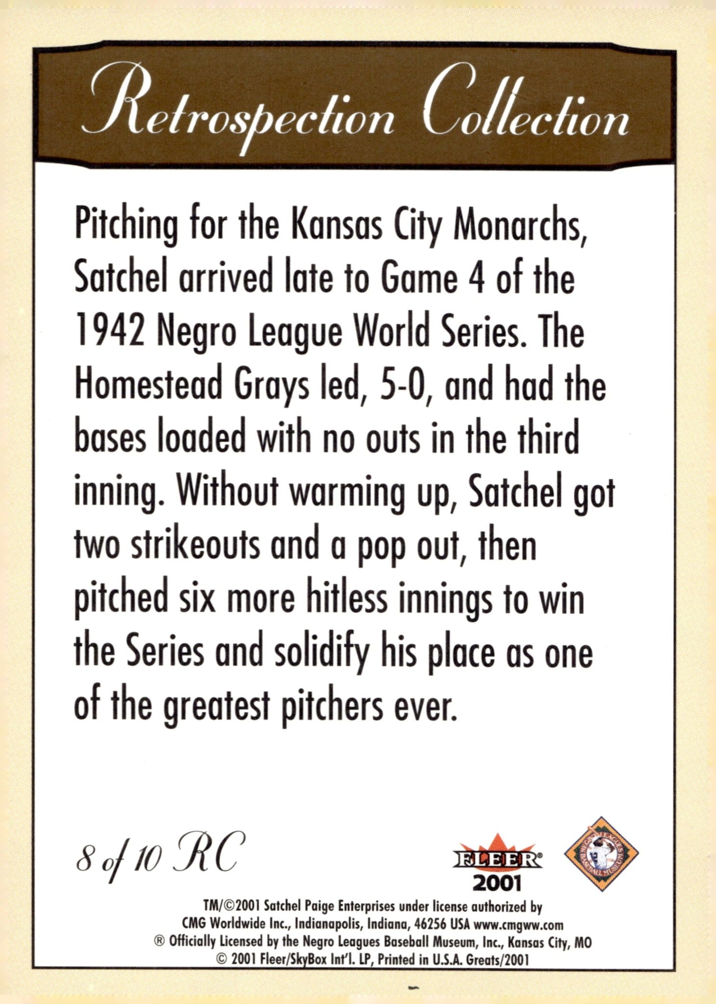 Satchel Paige 2001 Fleer Greats of the Game Retrospection Collection #8 - Collector Store LLC