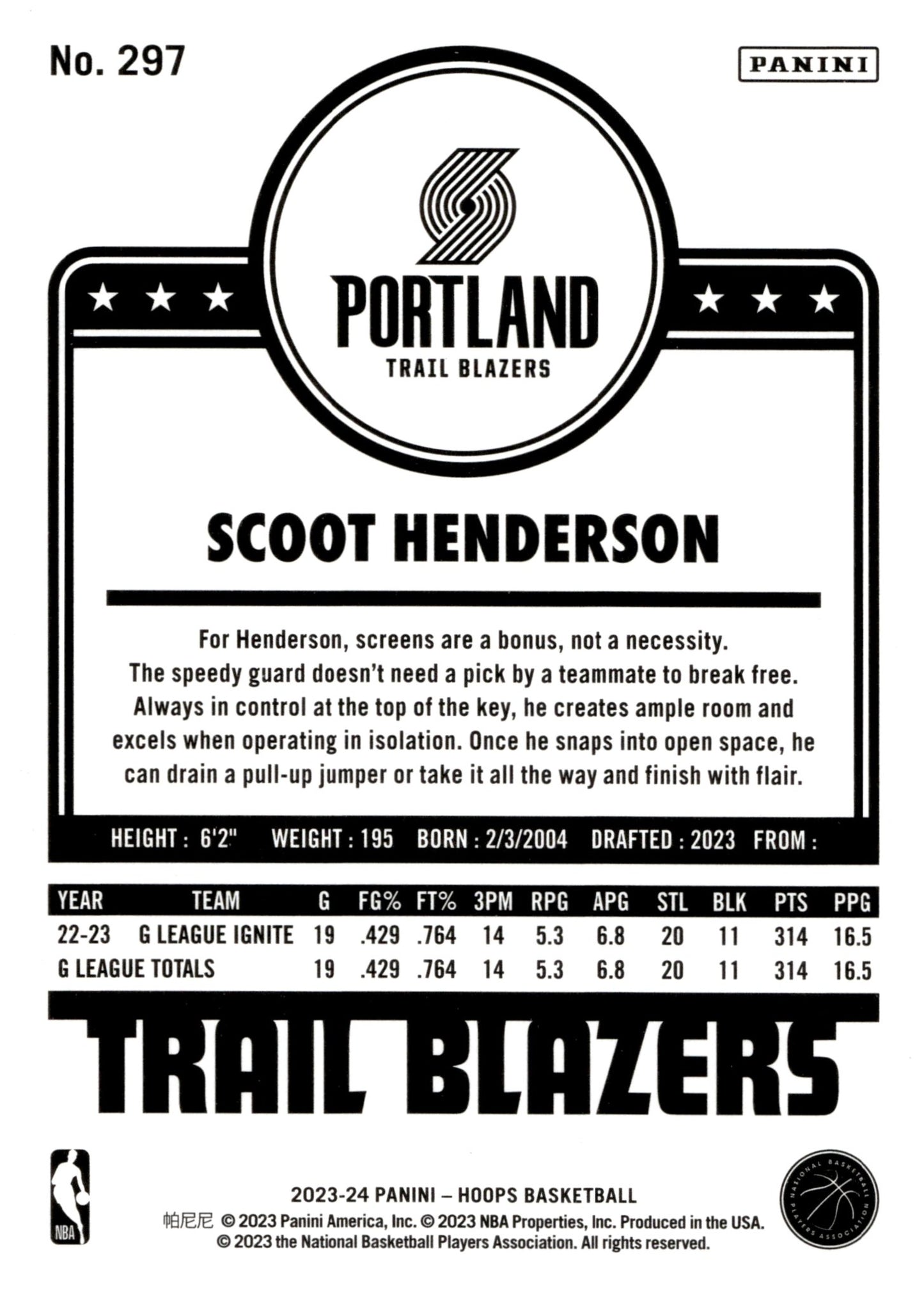 Scoot Henderson 2023 - 24 Panini Hoops RC #297 - Collector Store LLC