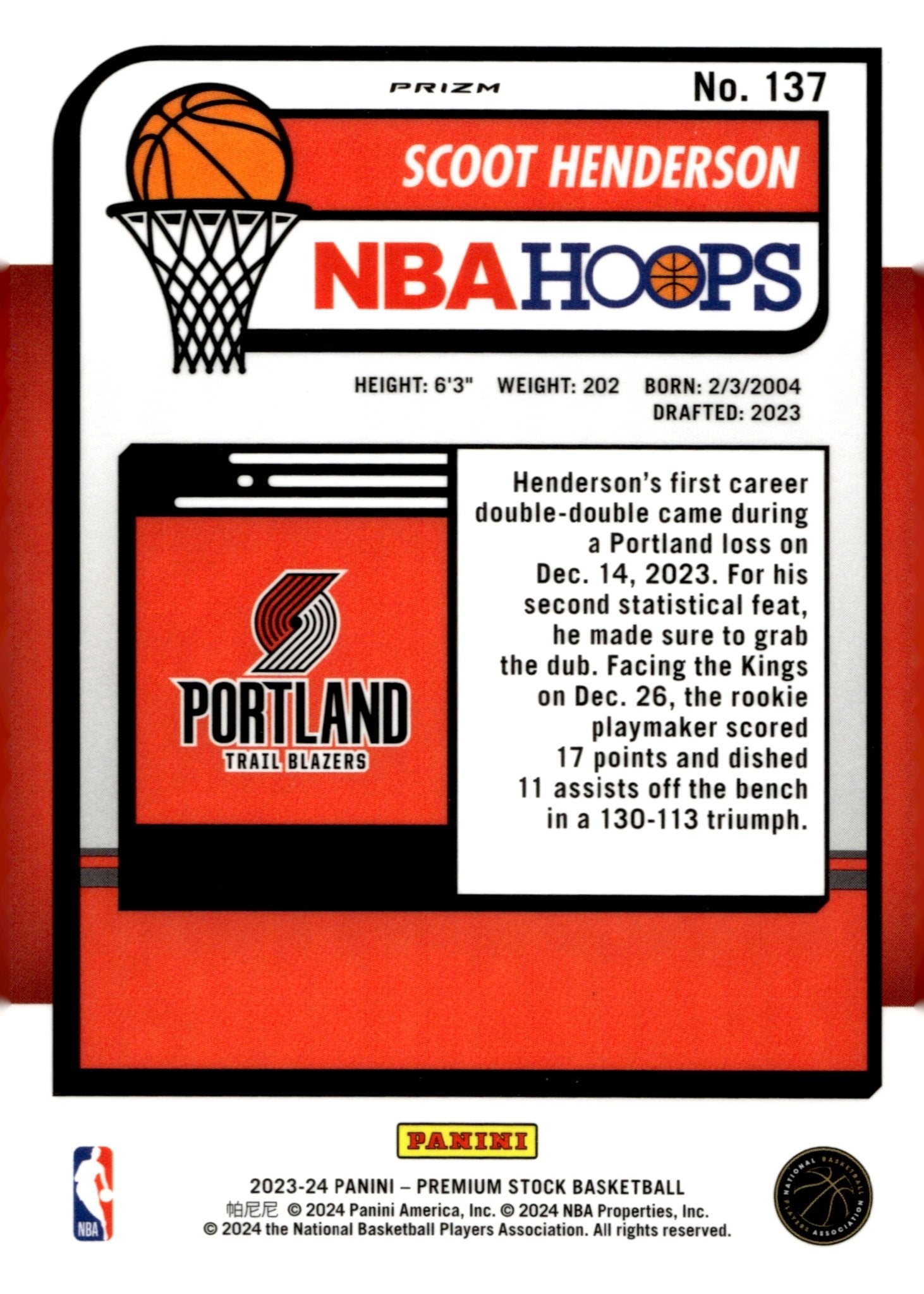 Scoot Henderson 2023 - 24 Panini Premium Stock Prizm RC #137 - Collector Store LLC