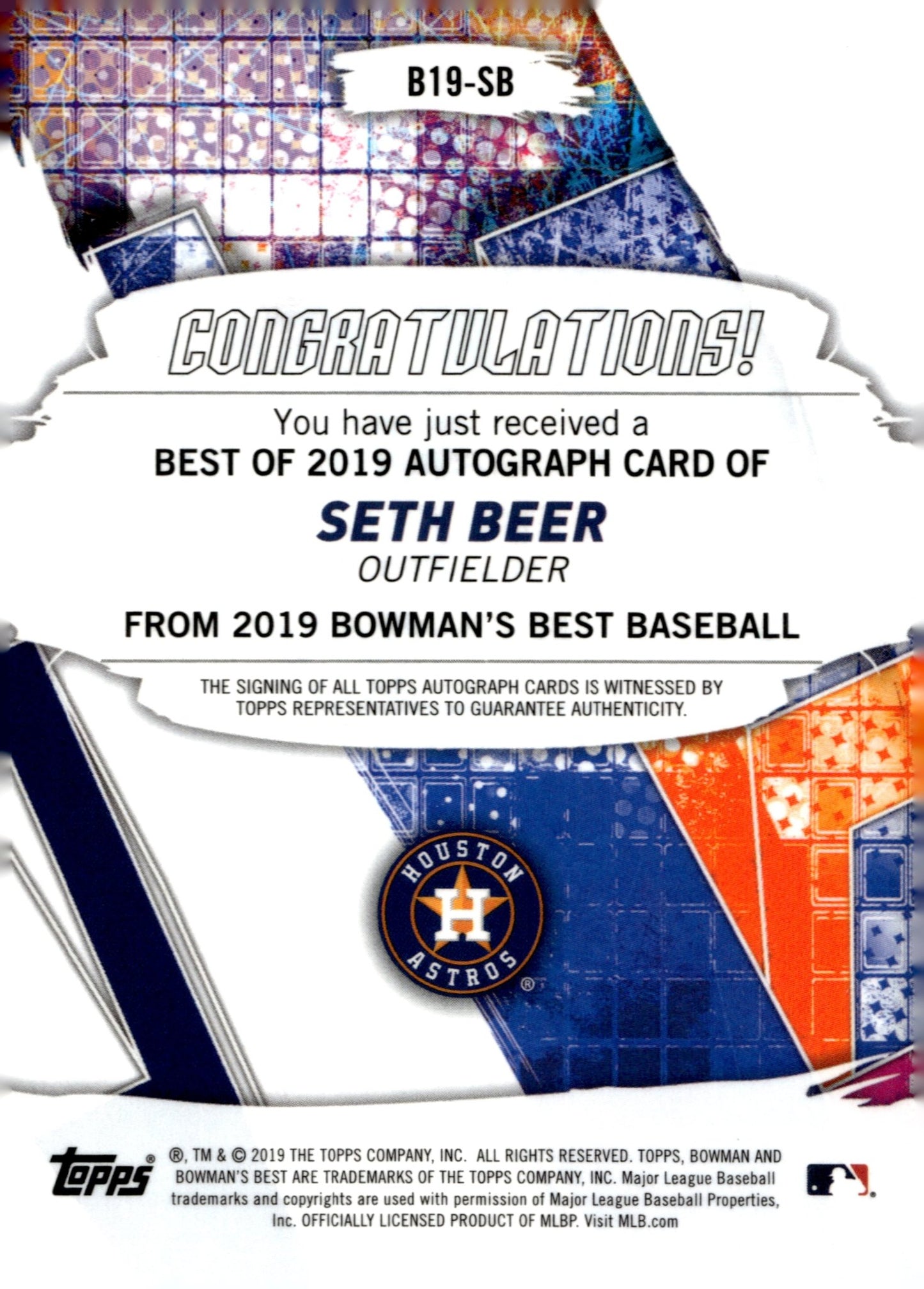 Seth Beer 2019 Bowman's Best Auto #B19 - SB - Collector Store LLC