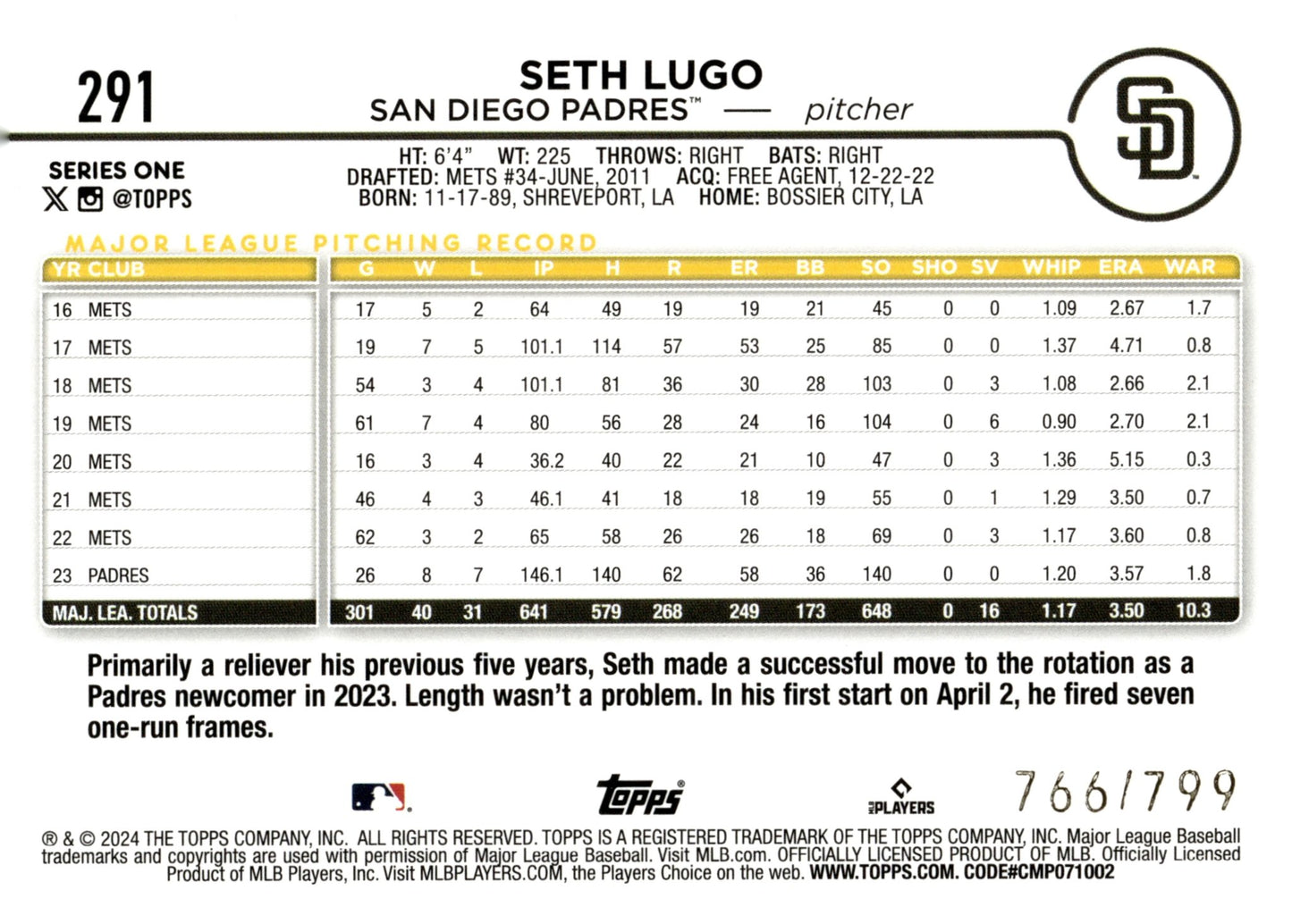 Seth Lugo 2024 Topps Series 1 Purple Foil 766/799 #291 - Collector Store LLC