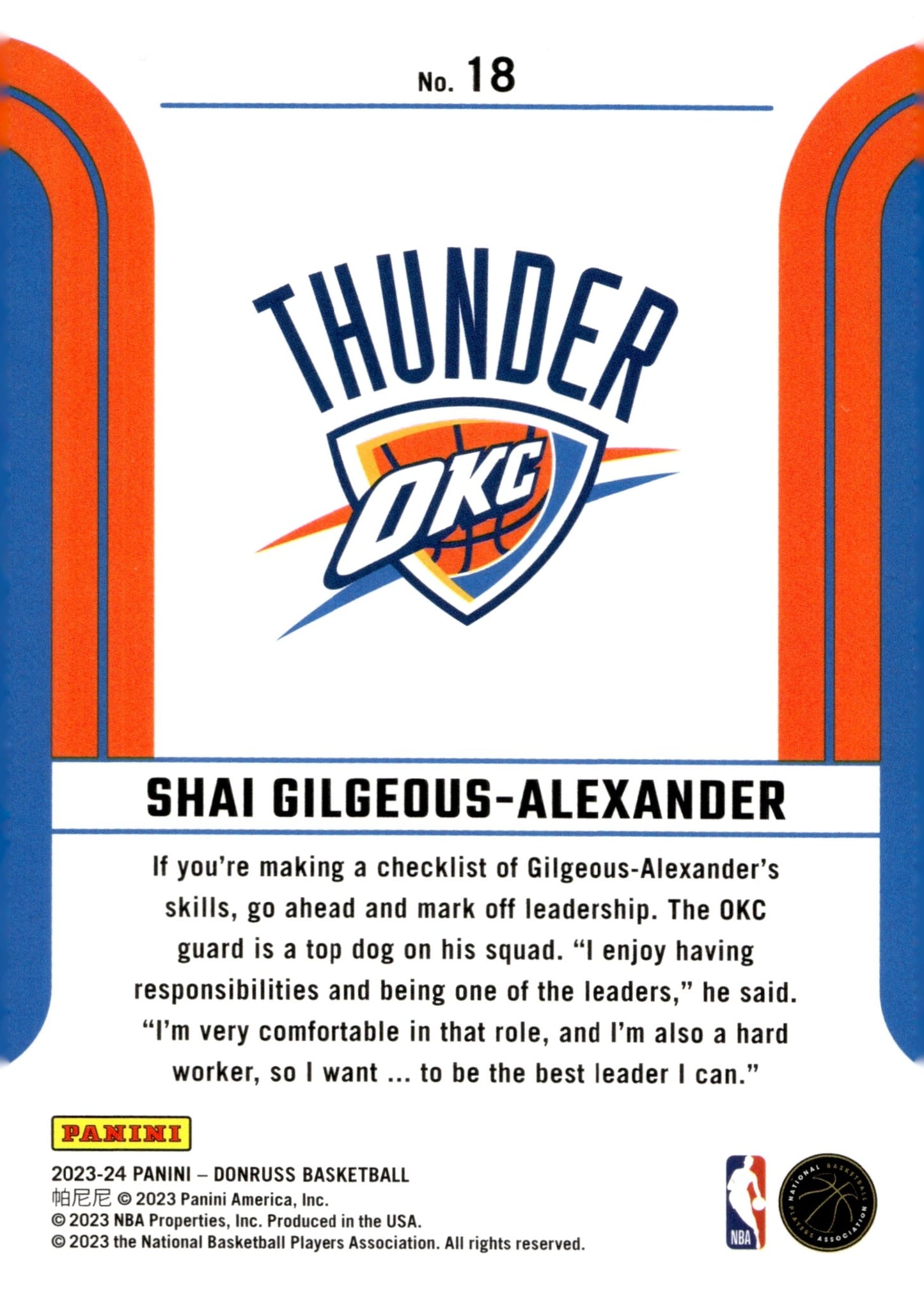 Shai Gilgeous - Alexander 2023 - 24 Panini Donruss Franchise Geatures #18 - Collector Store LLC