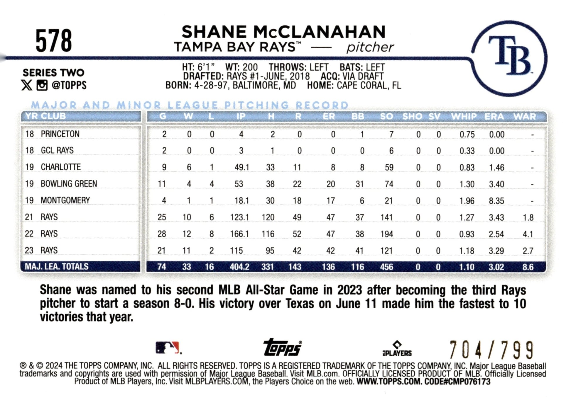 Shane McClanahan 2024 Topps Series 2 Purple Foil 704/799 #578 - Collector Store LLC