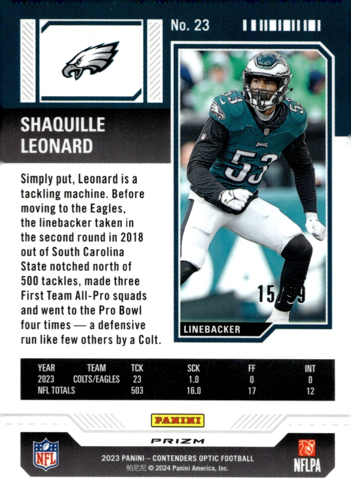 Shaquille Leonard 2023 Panini Contenders Optic Season Ticket Blue Prizm 15/99 - Collector Store LLC