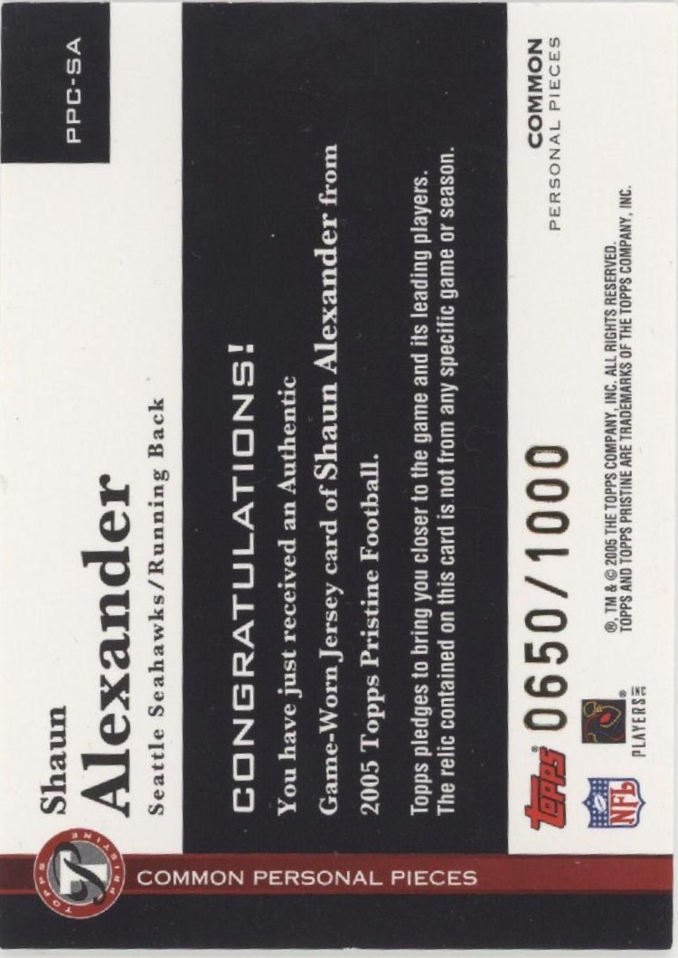 Shaun Alexander 2005 Topps Pristine Common Personal Pieces Swatch 0650/1000 - Collector Store LLC