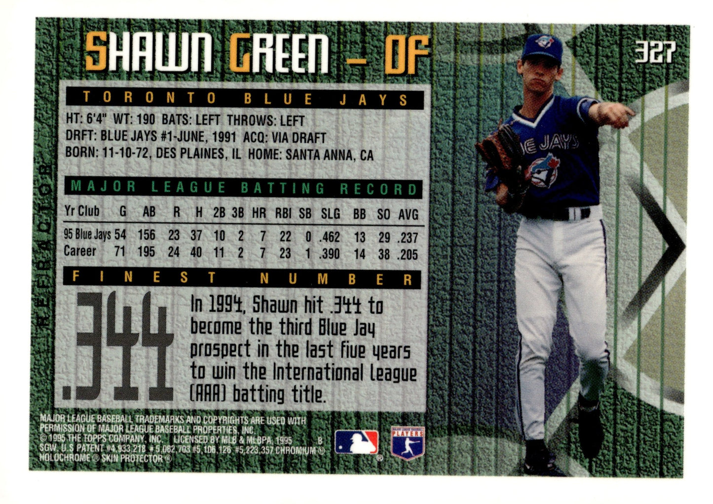 Shawn Green 1995 Topps Finest with Coating #327 - Collector Store LLC