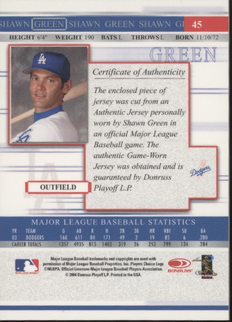 Shawn Green 2004 Donruss Timelines Swatch #45 - Collector Store LLC