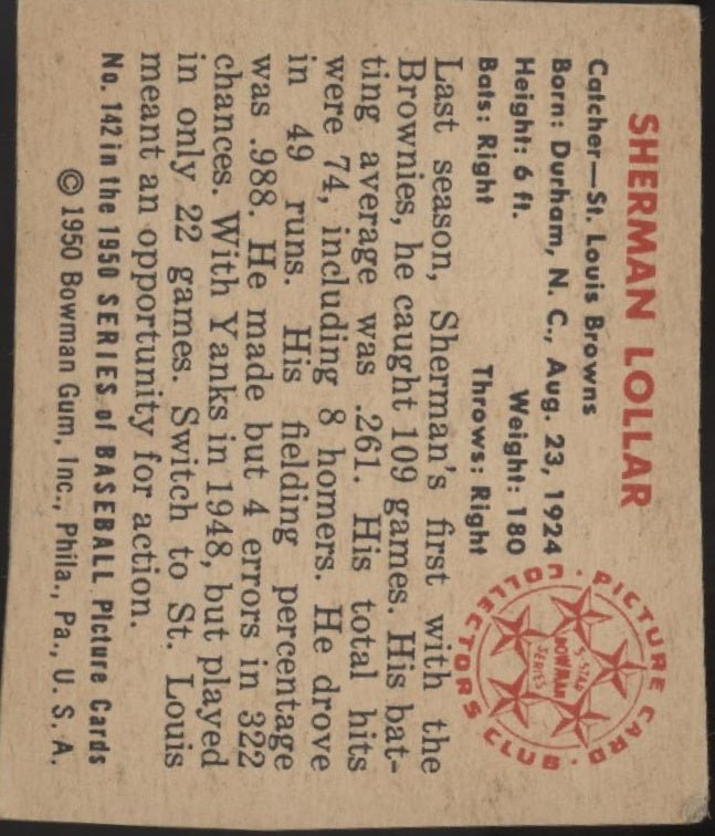 Sherman Lollar 1950 Bowman RC #142 St. Louis Browns VG - Collector Store LLC