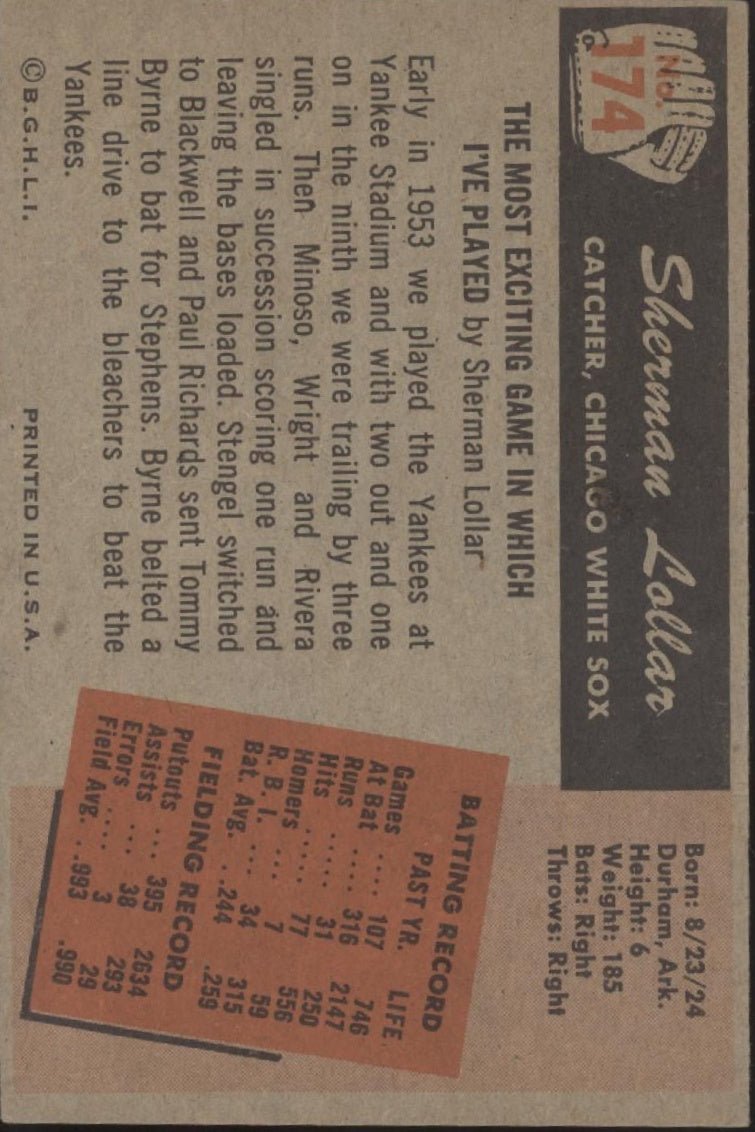 Sherman Lollar 1955 Bowman #174 Chicago White Sox VG - EX - Collector Store LLC