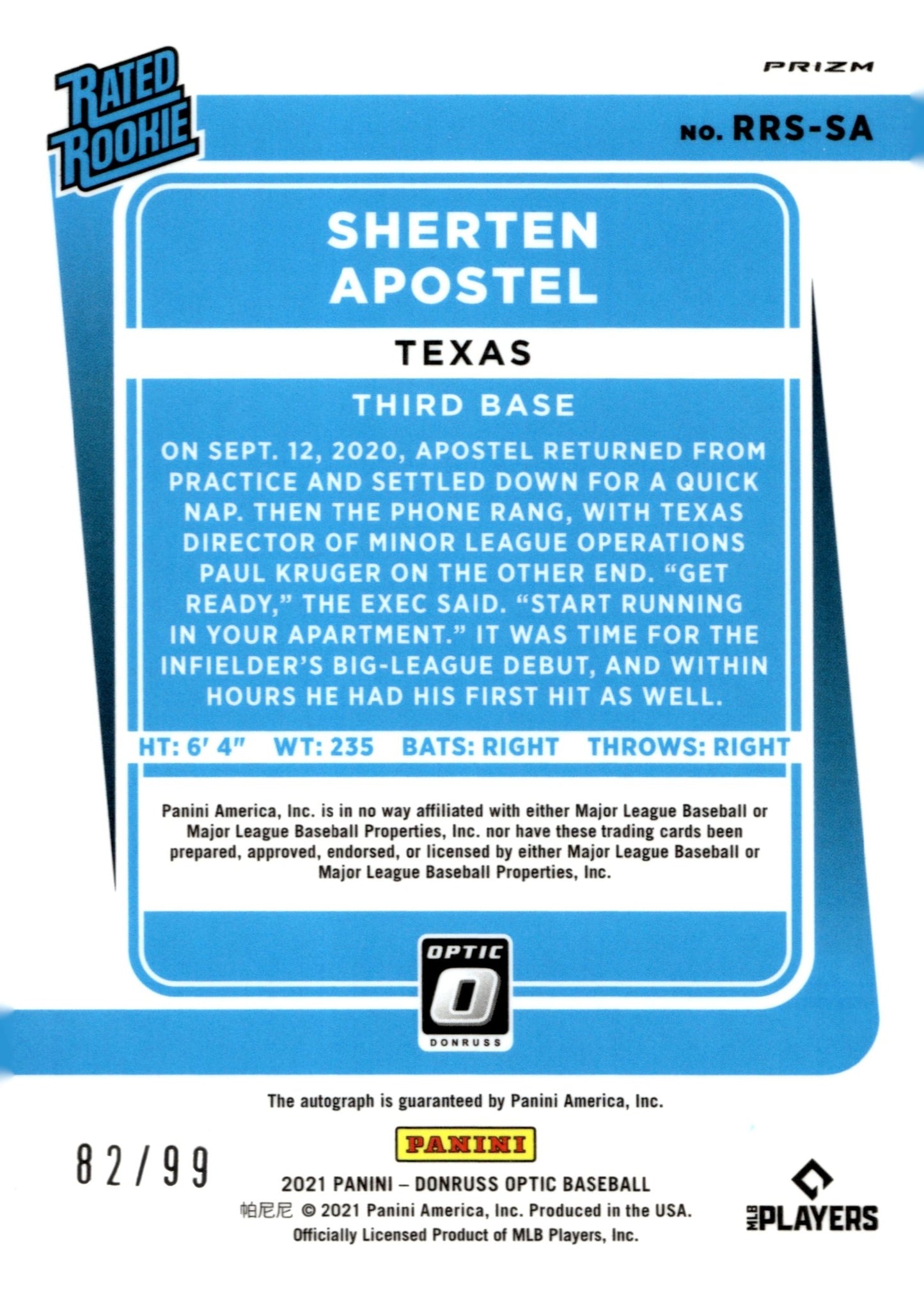 Sherten Apostel 2021 Panini Donruss Optic Rated Rookie Mojo Prizm RC Auto 82/99 - Collector Store LLC