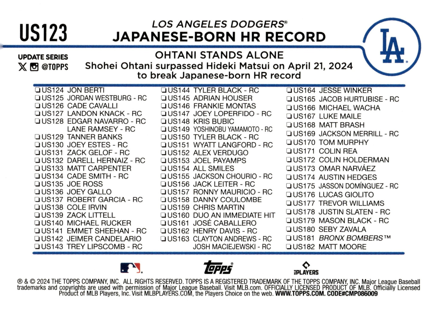 Shohei Ohani 2024 Topps Update Series Japanese Born HR Record #US123 #1 - Collector Store LLC