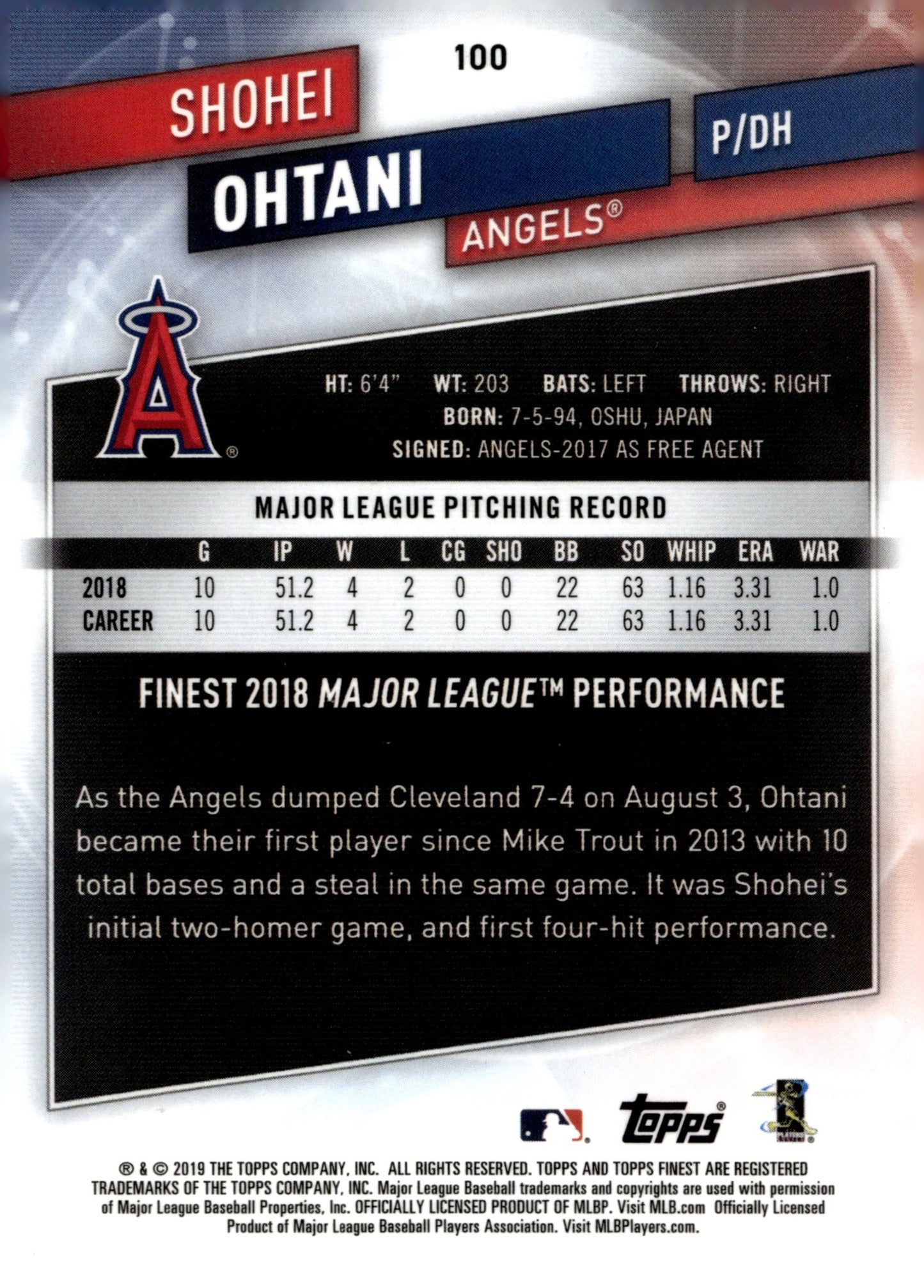Shohei Ohtani 2019 Topps Finest #100 - Collector Store LLC
