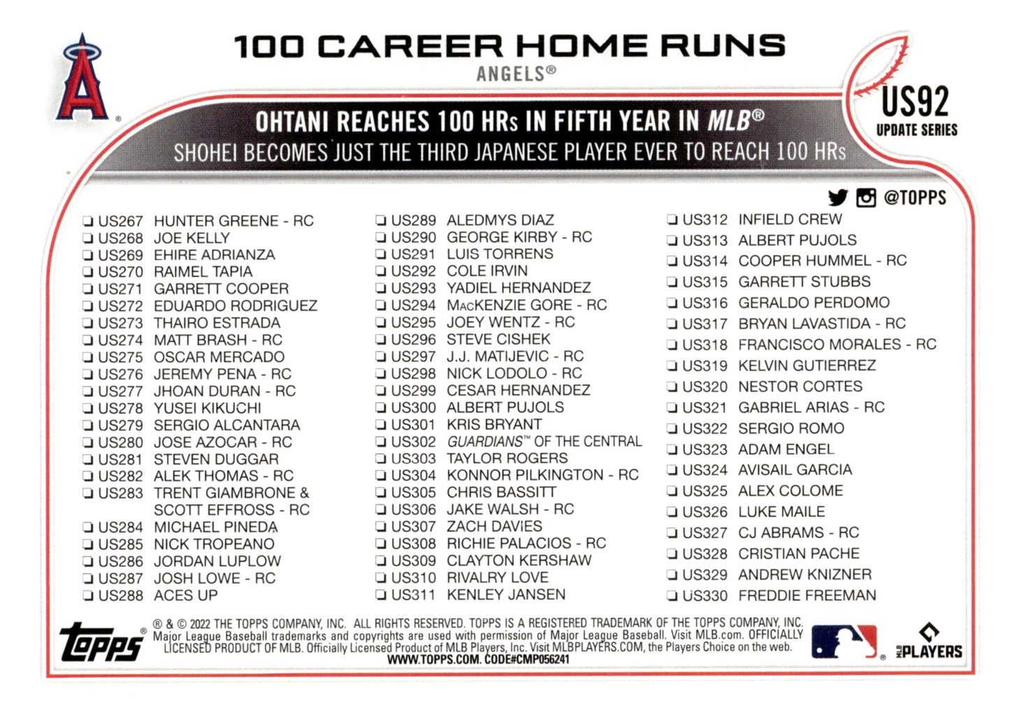 Shohei Ohtani 2022 Topps Update Series 100 Career Home Runs Foil #US92 - Collector Store LLC