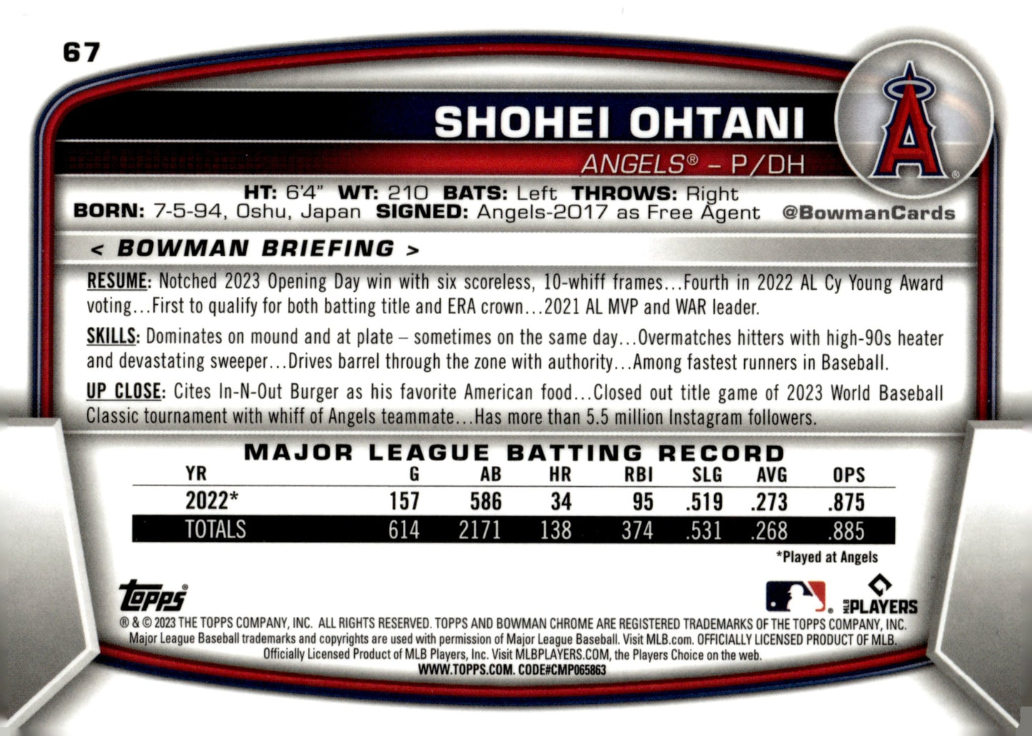 Shohei Ohtani 2023 Bowman Chrome #67 - Collector Store LLC