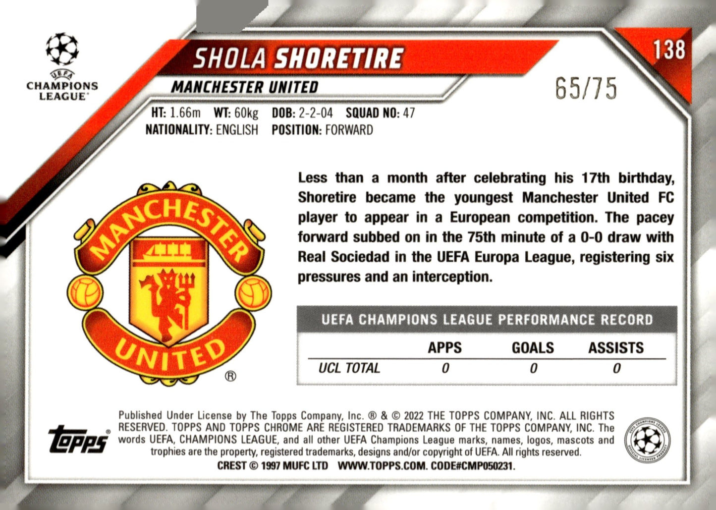 Shola Shoretire 2021 - 22 Topps Chrome UCL Blue Wave Refractor 65/75 #138 - Collector Store LLC
