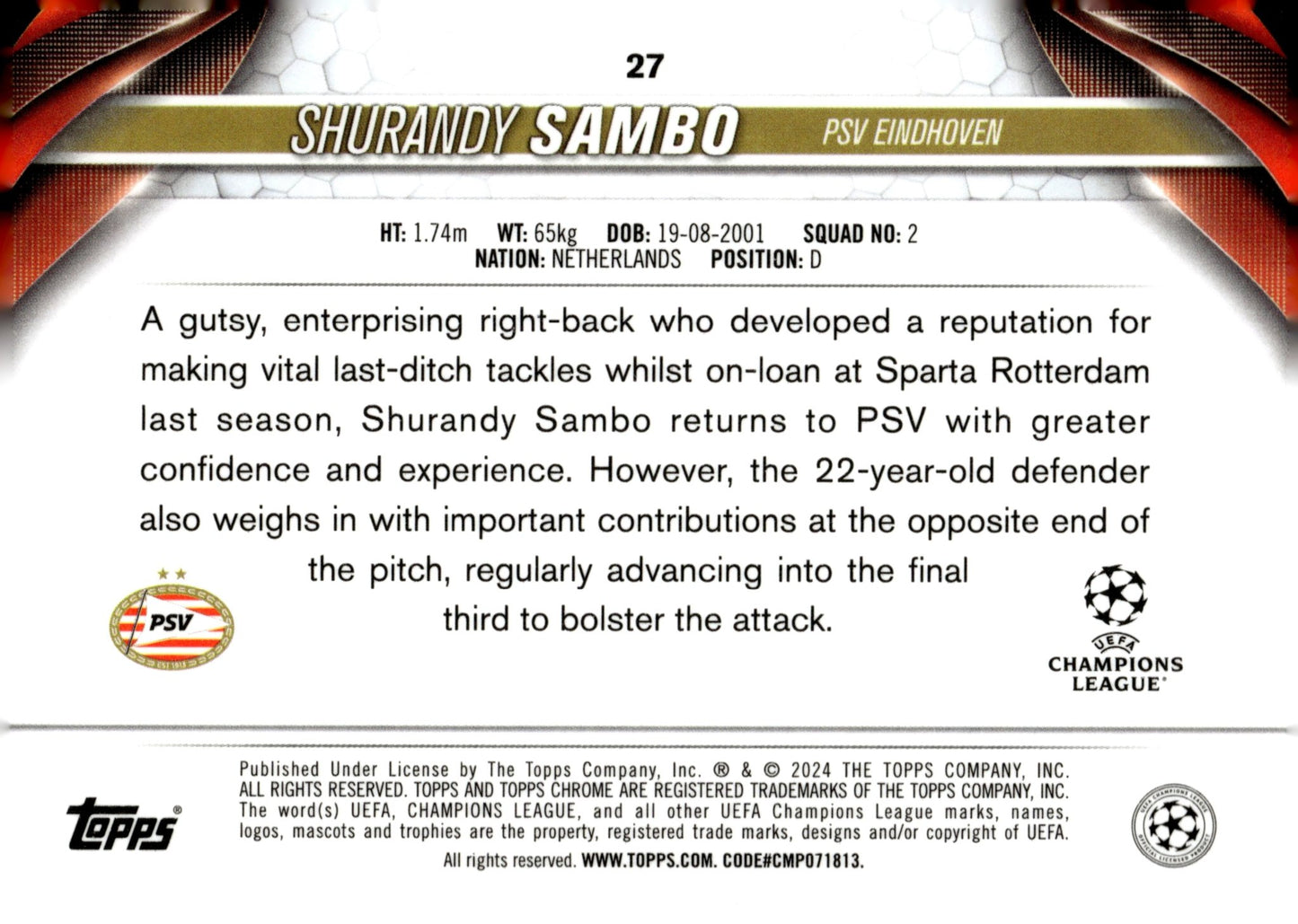 Shurandy Sambo 2023 - 24 Topps Chrome UCL Purple Speckle Refractor RC 287/299 - Collector Store LLC