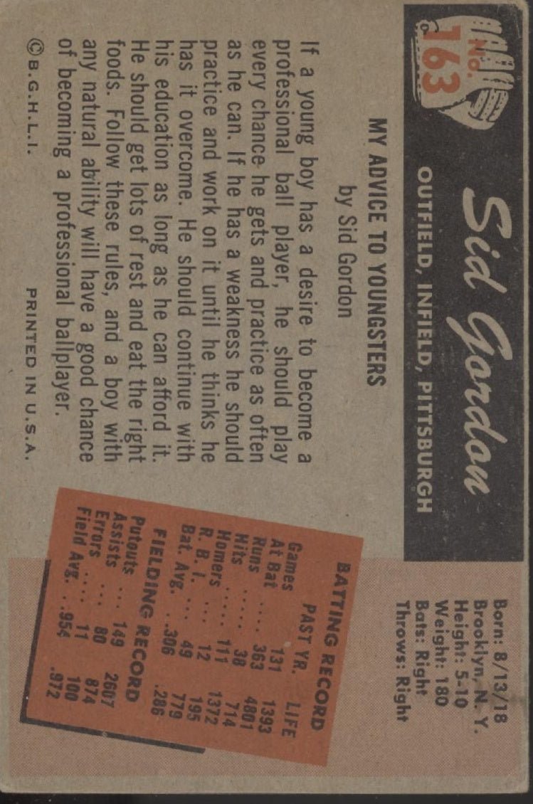 Sid Gordon 1955 Bowman #163 Pittsburgh Pirates VG #2 - Collector Store LLC
