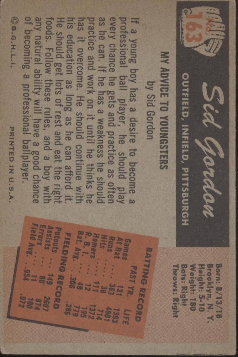 Sid Gordon 1955 Bowman #163 Pittsburgh Pirates VG - EX - Collector Store LLC