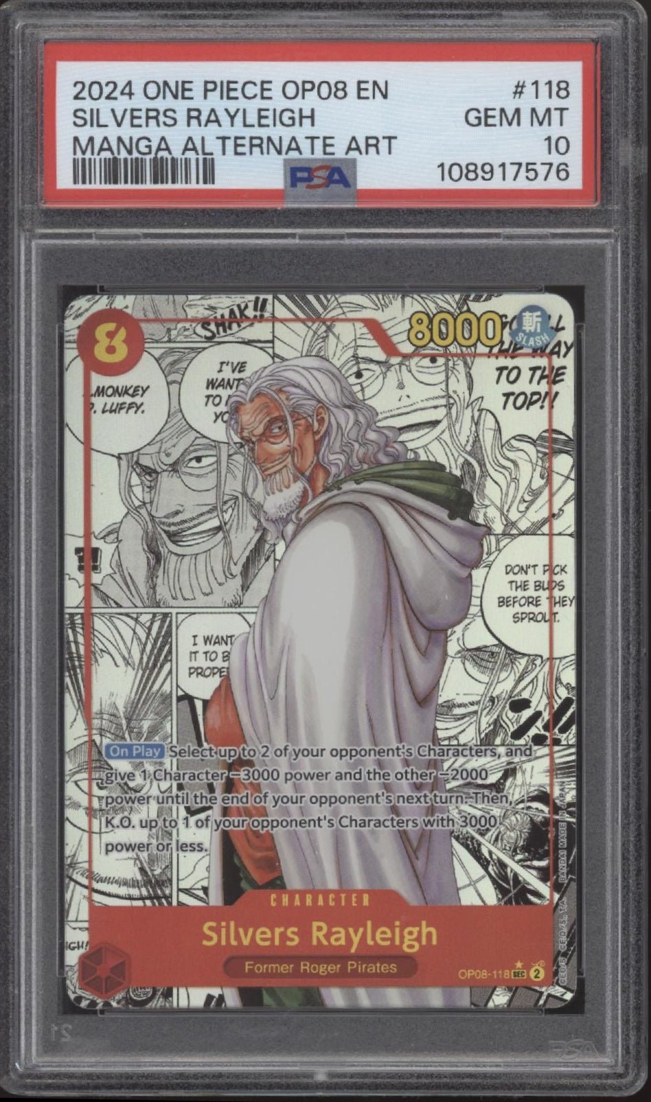 Silvers Rayleigh One Piece Card Game Two Legends Manga Alternate Art #118 PSA 10 - Collector Store LLC Silvers Rayleigh One Piece Card Game Two Legends Manga Alternate Art #118 PSA 10 - Collector Store LLC