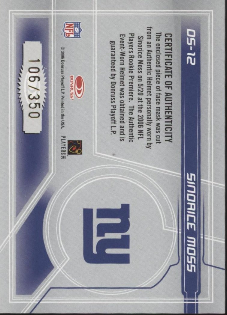 Sindaice Moss 2006 Leaf Rookies & Stars Dress for Success Facemask Relic 106/350 - Collector Store LLC