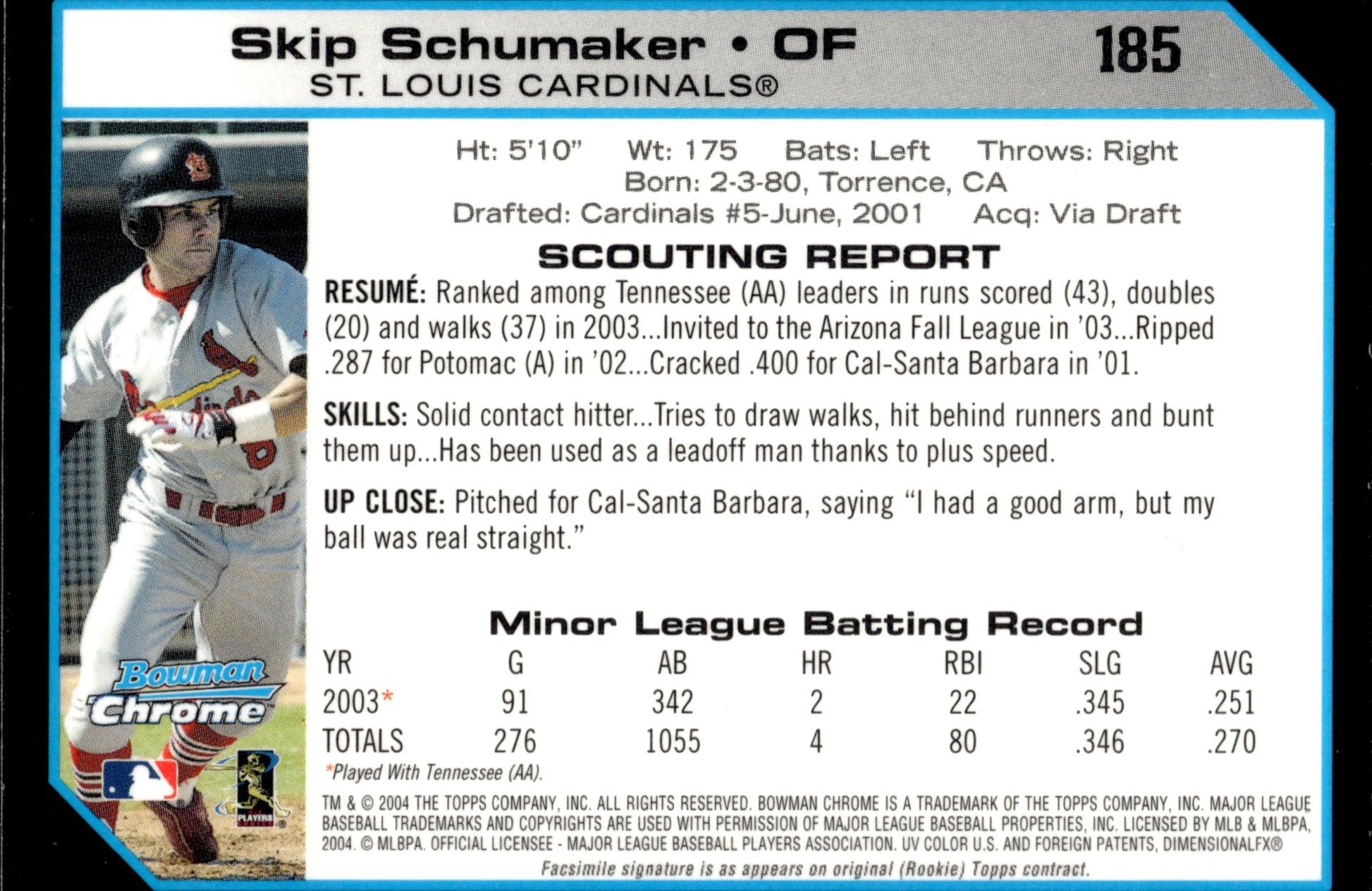 Skip Schumaker 2004 Bowman Chrome #185 - Collector Store LLC