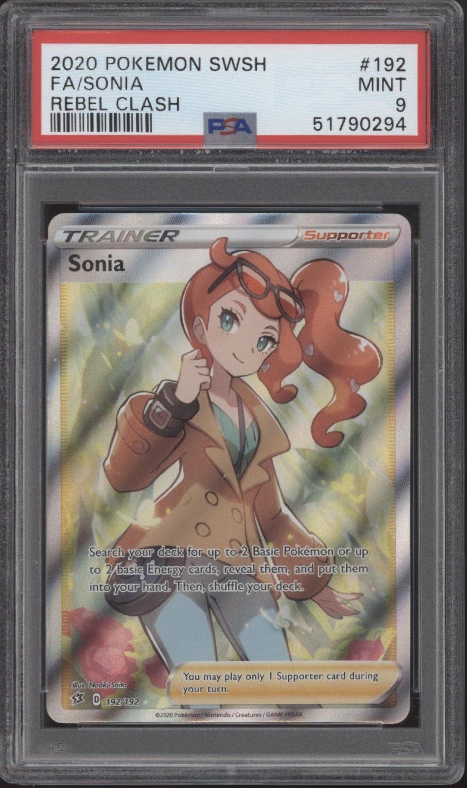 Sonia Pokemon Rebel Clash Full Art #192 PSA 9 - Collector Store LLC