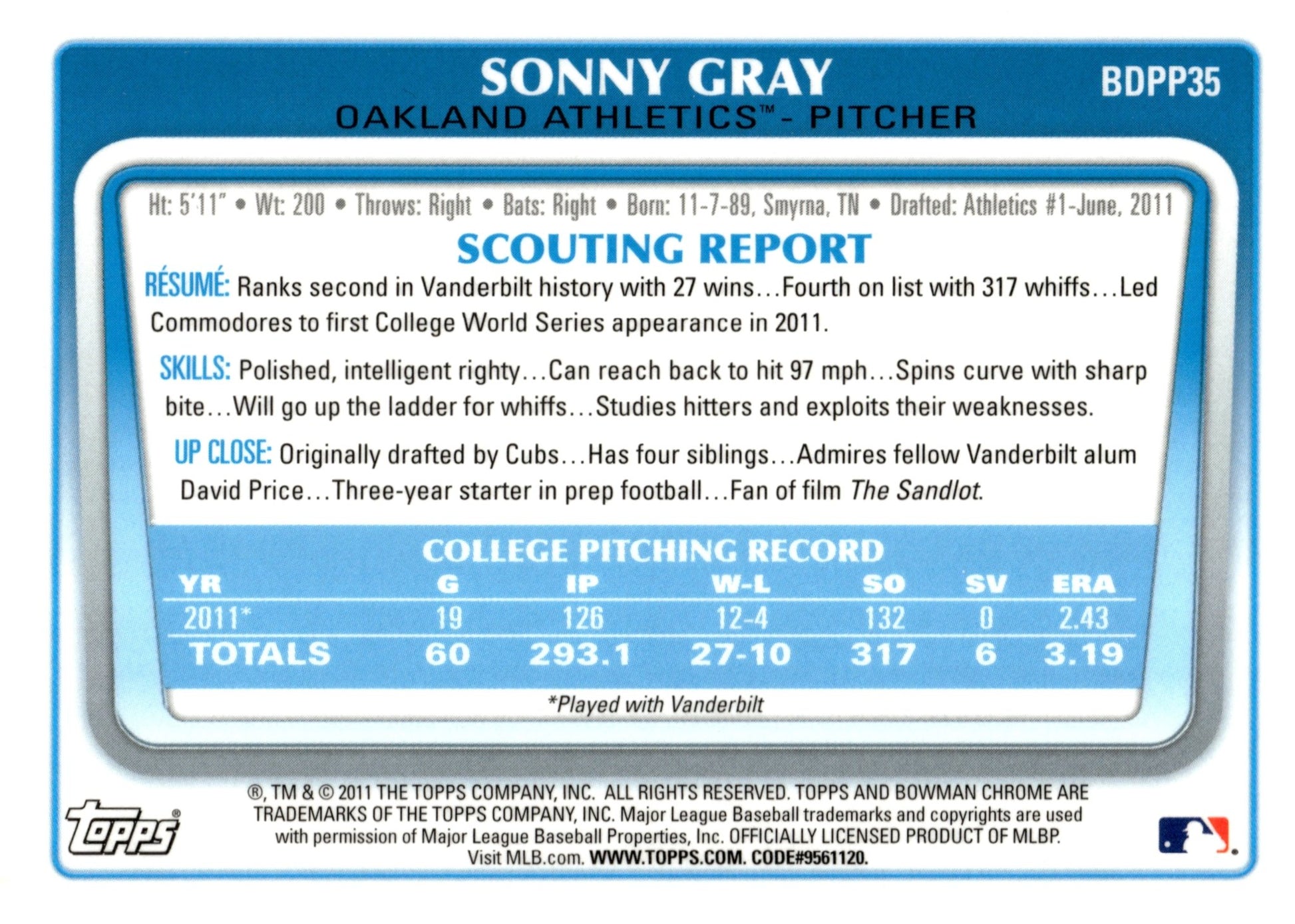 Sonny Gray 2011 Bowman Chrome #BDPP35 #1 - Collector Store LLC
