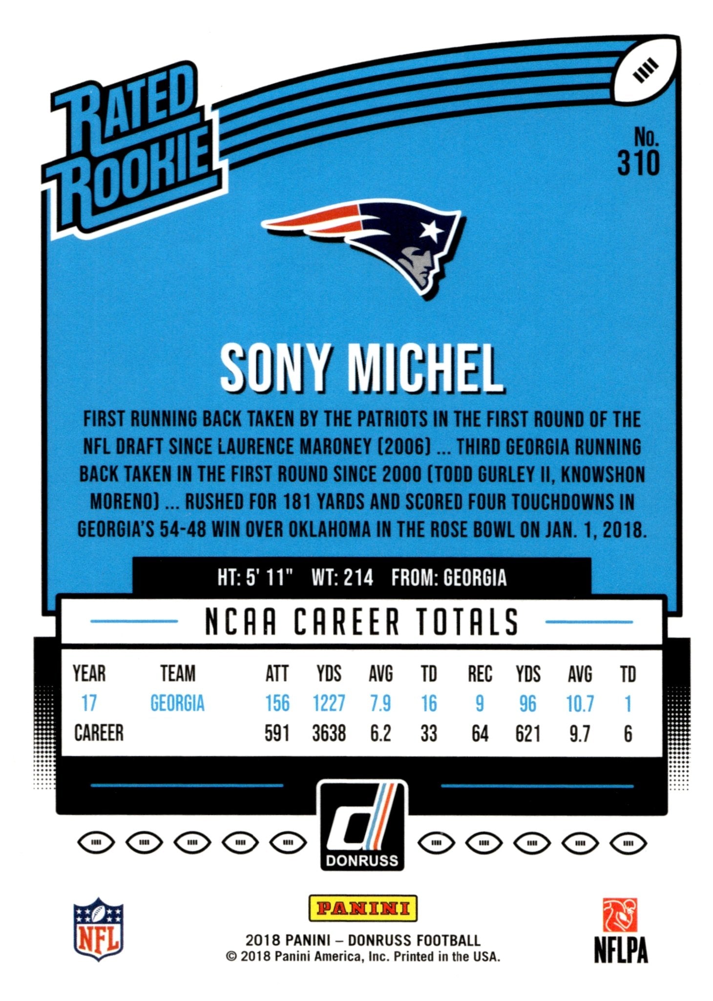 Sony Michel 2018 Panini Donruss Rated Rookie RC #310 - Collector Store LLC