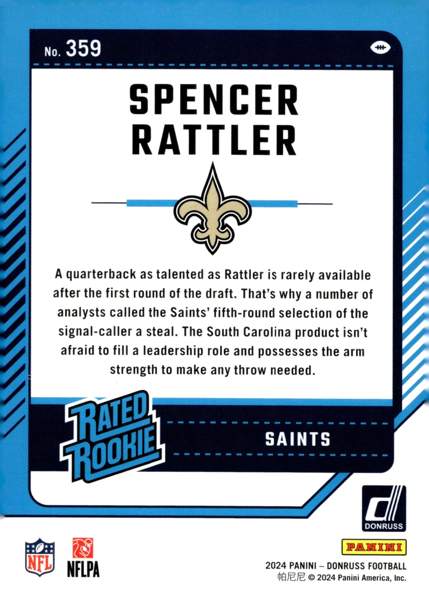 Spencer Rattler 2024 Panini Donruss Rated Rookie RC #359 - Collector Store LLC
